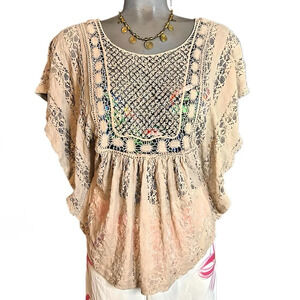 AMERICAN RAG Lace Top Boho Crochet Cream Off-White Rounded Hem Cottagecore SMALL